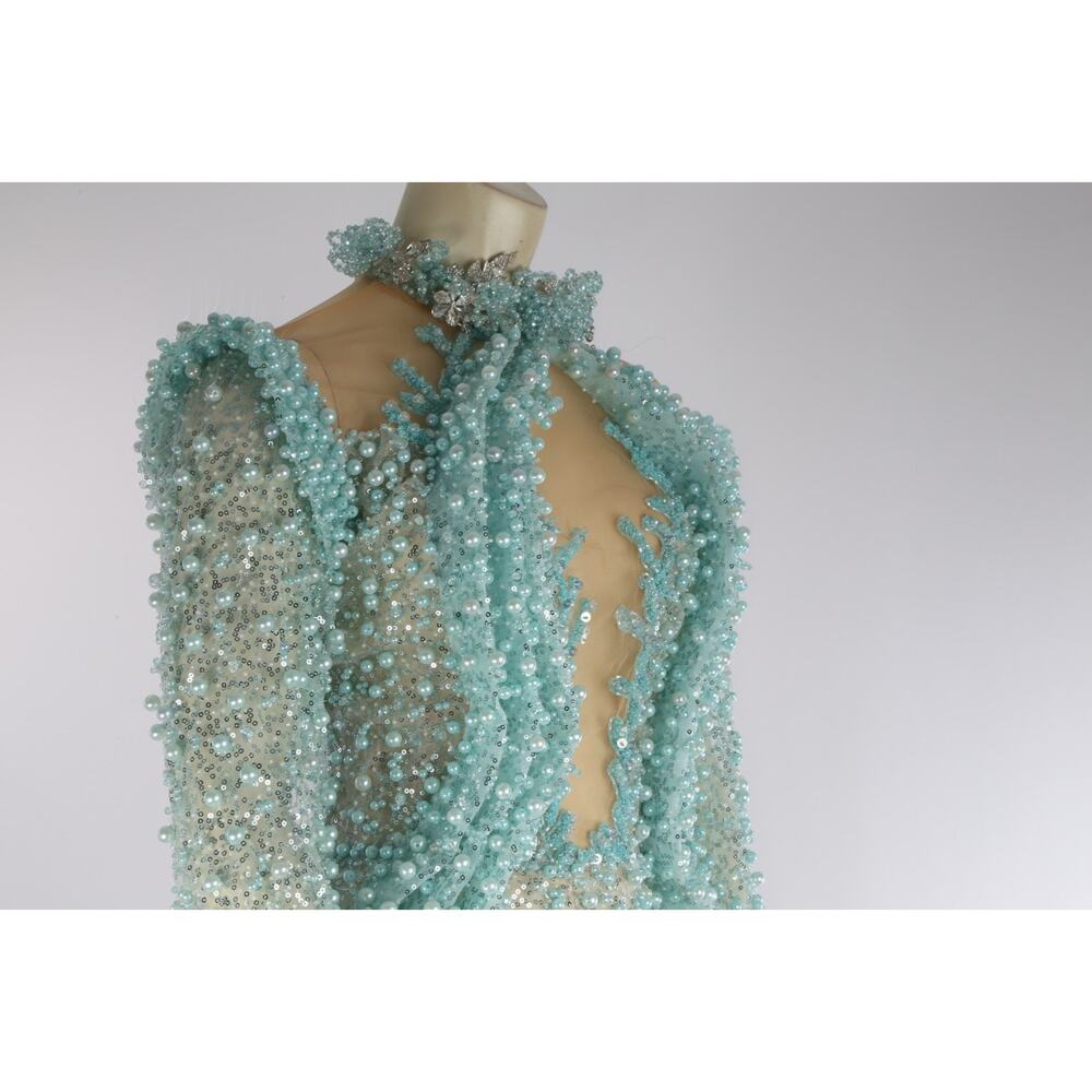 Albina Dyla Aqua Crystal Pearl Mesh Cutout Evening Formal Gala Couture Gown Sz S - Picture 9 of 16